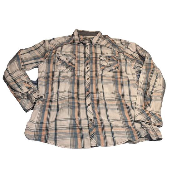 BKE Size XXL Athletic Fit Western Style Button Up Shirt in Blue/Peach Plaid - Picture 1 of 11